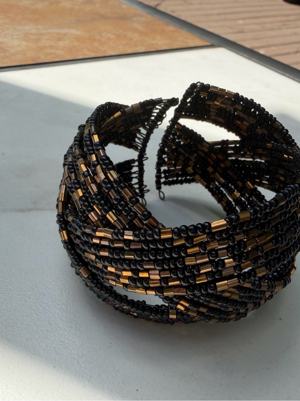 Black and Gold Beaded Multi-Strand Cuff Bracelet